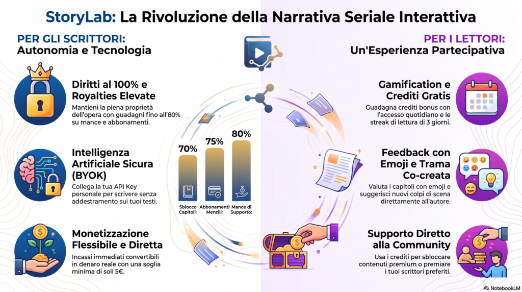 Infografica StoryLab: vantaggi per scrittori (diritti al 100%, AI BYOK, monetizzazione) e lettori (gamification, feedback emoji, crediti), con royalties al 70–80%